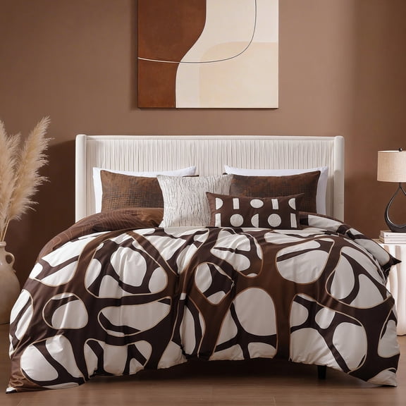 Bebejan Toffee Web 5 Piece Reversible Comforter Set, Queen, 100% Cotton Sateen, Reversible, All Season, Cozy Comfort
