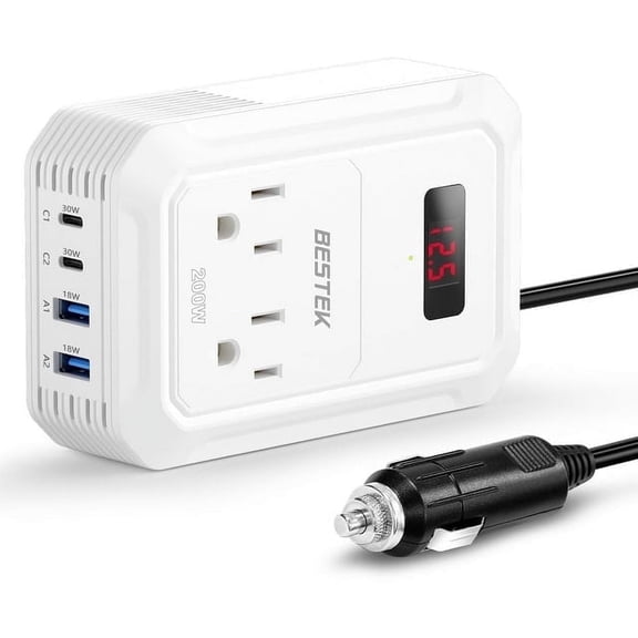 BESTEK 200W Power Inverter DC 12V to 110V AC Inverte with 2 USB-C and 2 USB-QC,Ports Car Outlet Adapter,Power Inverter for Vehicles, Car Plug Adapter Outlet for Laptop Computer Charger (White)