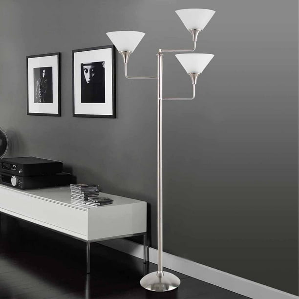 Legacy Home Collection 3Head Floor Lamp, Brushed Nickel with White
