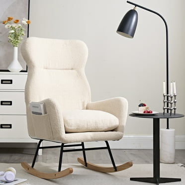 Rocking Chair, Upholstered High Back Nursery Chair with Pocket, Modern Glider Chairs Nursing Rocker Padded Seat Armchair for Indoor Living Room Bedroom, Beige
