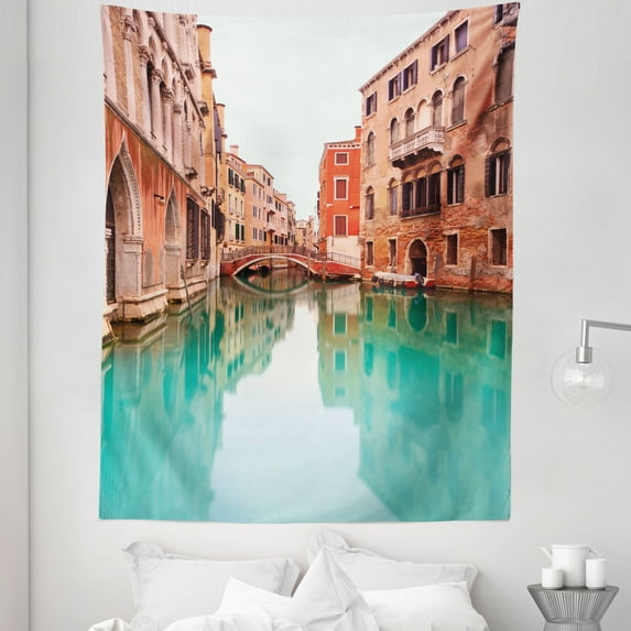 Venice Tapestry, Water Canal and Bridge Typical Venetian Architecture Buildings and a Boat, Fabric Wall Hanging Decor for Bedroom Living Room Dorm, 5 Sizes, Turquoise Cinnamon, by Ambesonne
