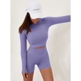 thumbnail image 2 of Women Workout Sets 2 Pieces Long Sleeve Yoga Outfits Gym Clothes Seamless Ribbed Crop Top High Waist Leggings Blue-Purple S, 2 of 6