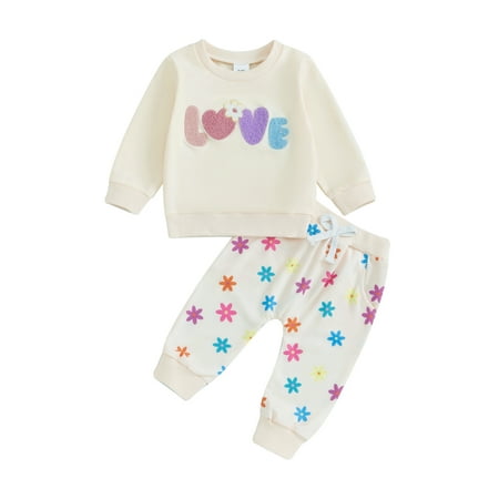 

YASUTNKS Toddler Girls Fall Outfits Letter Embroidery Long Sleeve Sweatshirt and Elastic Floral Print Pants Set Baby Cute Clothes