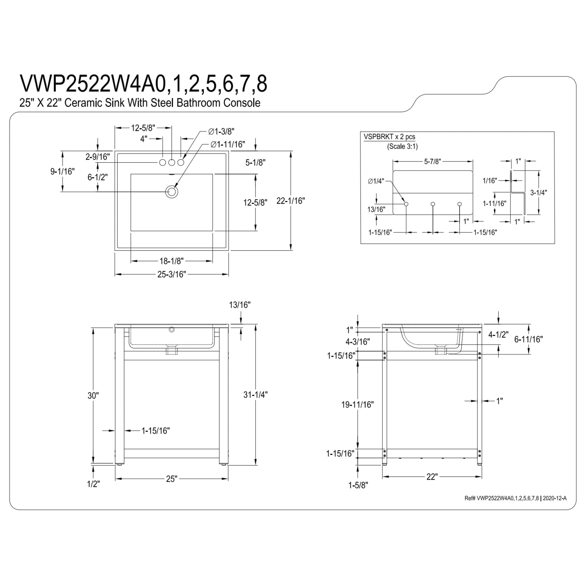 Kingston Brass VWP2522W4A7 Quadras 25" Ceramic Console Sink with Steel Base and Shelf (4-Inch, 3-Hole), White/Brushed Brass