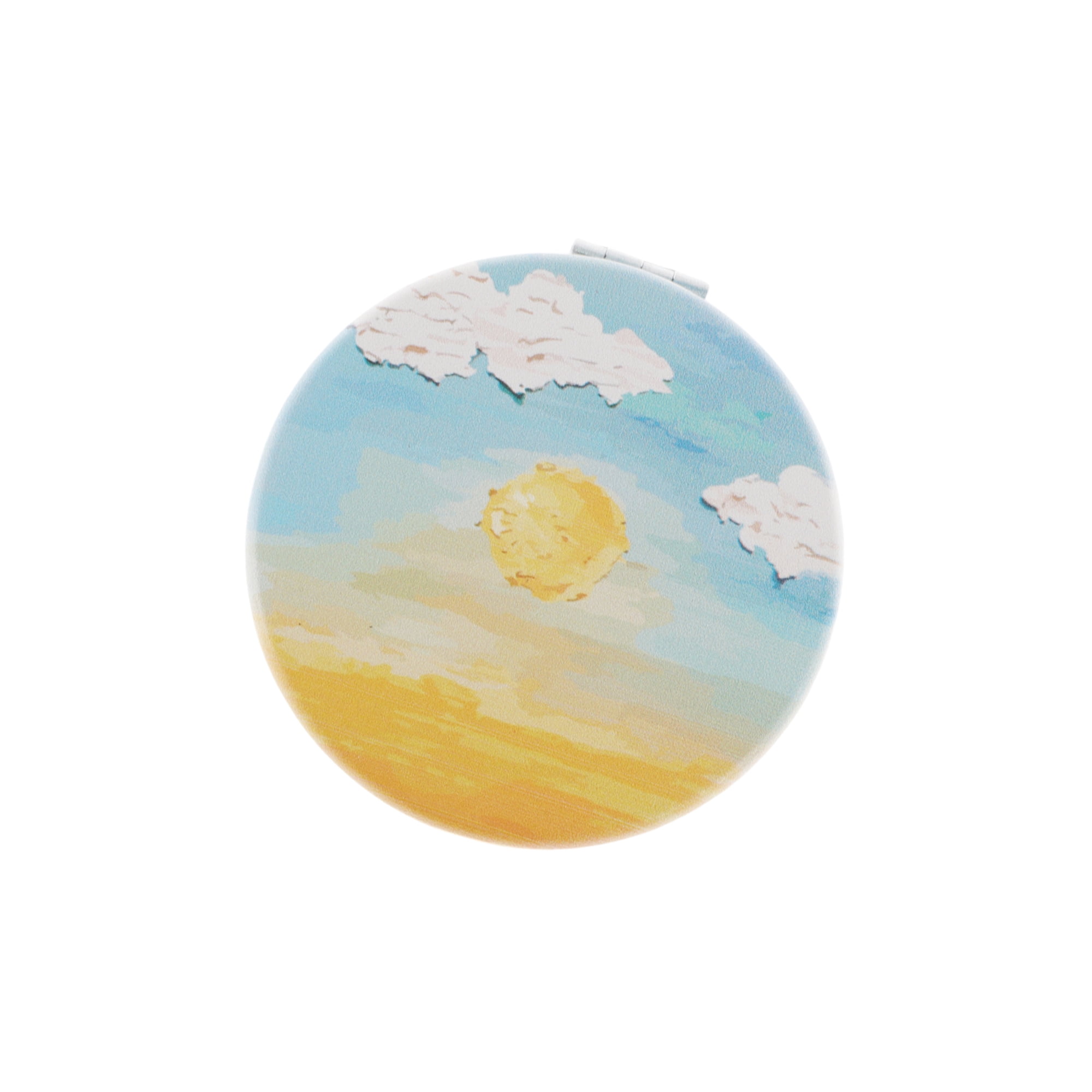 Unique Bargains 1 Pc Women Round Hand-drawn Makeup Mirror for Travel Vacation Yellow Blue