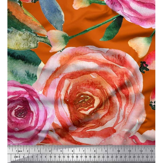 Soimoi Cotton Poplin Fabric Leaves & Rose Flower Decor Fabric Printed Yard 56 Inch Wide