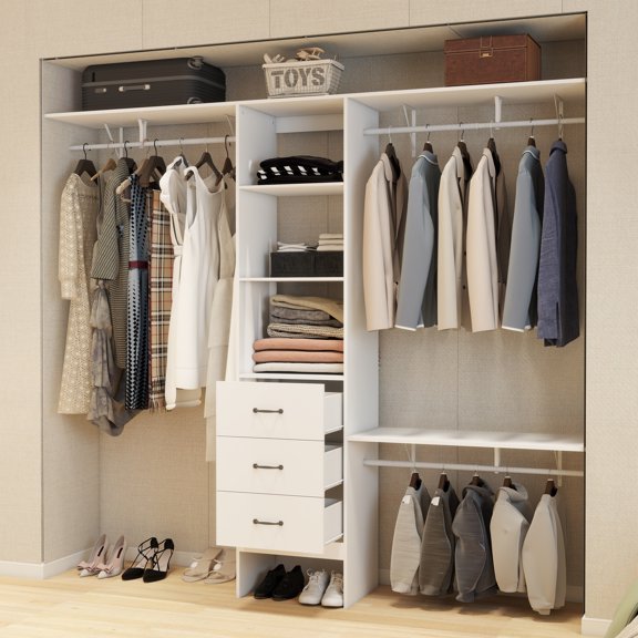 96 Inches Closet System, 8FT Walk In Closet Organizer with 3 Adjustable Shelves & 3 Expandable Hanger Rods & 3 Drawers, Built-In Garment Rack, 96"L x 16"W x 82"H, Load 1000 LBS-White
