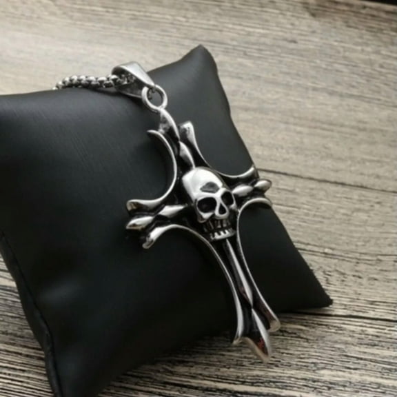 HOOUN Men Gothic Black Skull Skeleton Cross Pendant Necklace Stainless Steel Chain 24"