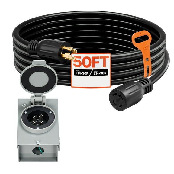 KFFKFF 30 Amp Generator Cord and Power Inlet Box, 50 FT, 125/250V NEMA L14-30P to L14-30R Heavy-Duty Extension Cord, SJTW 10-Gauge 7500W, Pre-Drilled Inlet Box, for Connecting Generator to Home