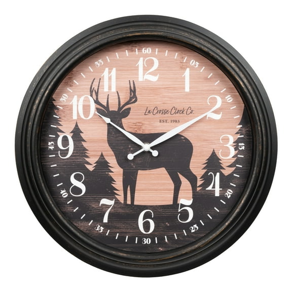 La Crosse Clock 15.75 inch Indoor/Outdoor Northwoods Deer Analog Quartz Wall Clock, 433-3841D