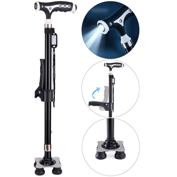 ALLJOY Walking Cane, Canes for Men Women with Led Light, Adjustable Cane for Seniors Stability, Upright Quad Base with 2nd Handle and Carrying Bag