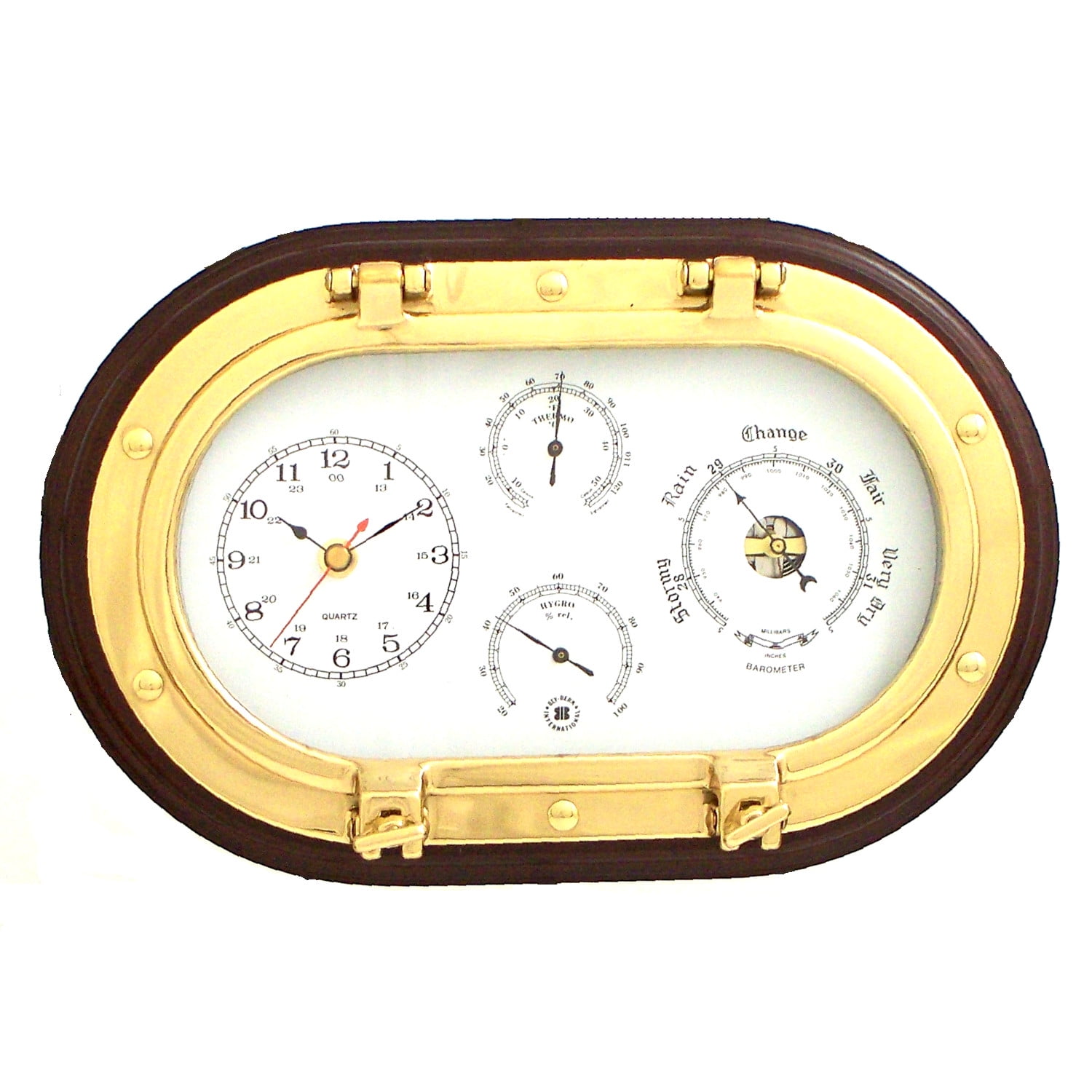 Lacquered Brass Oval Porthole Quartz Clock, Barometer, Thermometer and