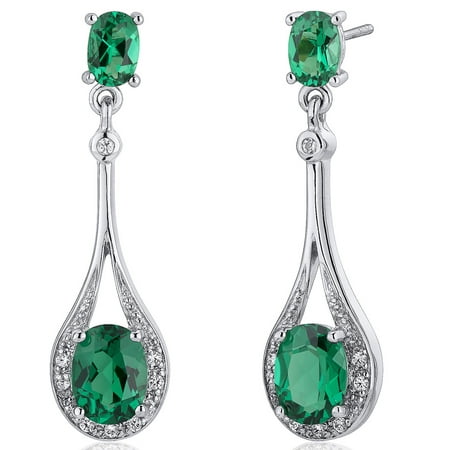 Peora 3.50 Ct Oval Cut Emerald Sterling Silver Drop Earrings Rhodium Finish