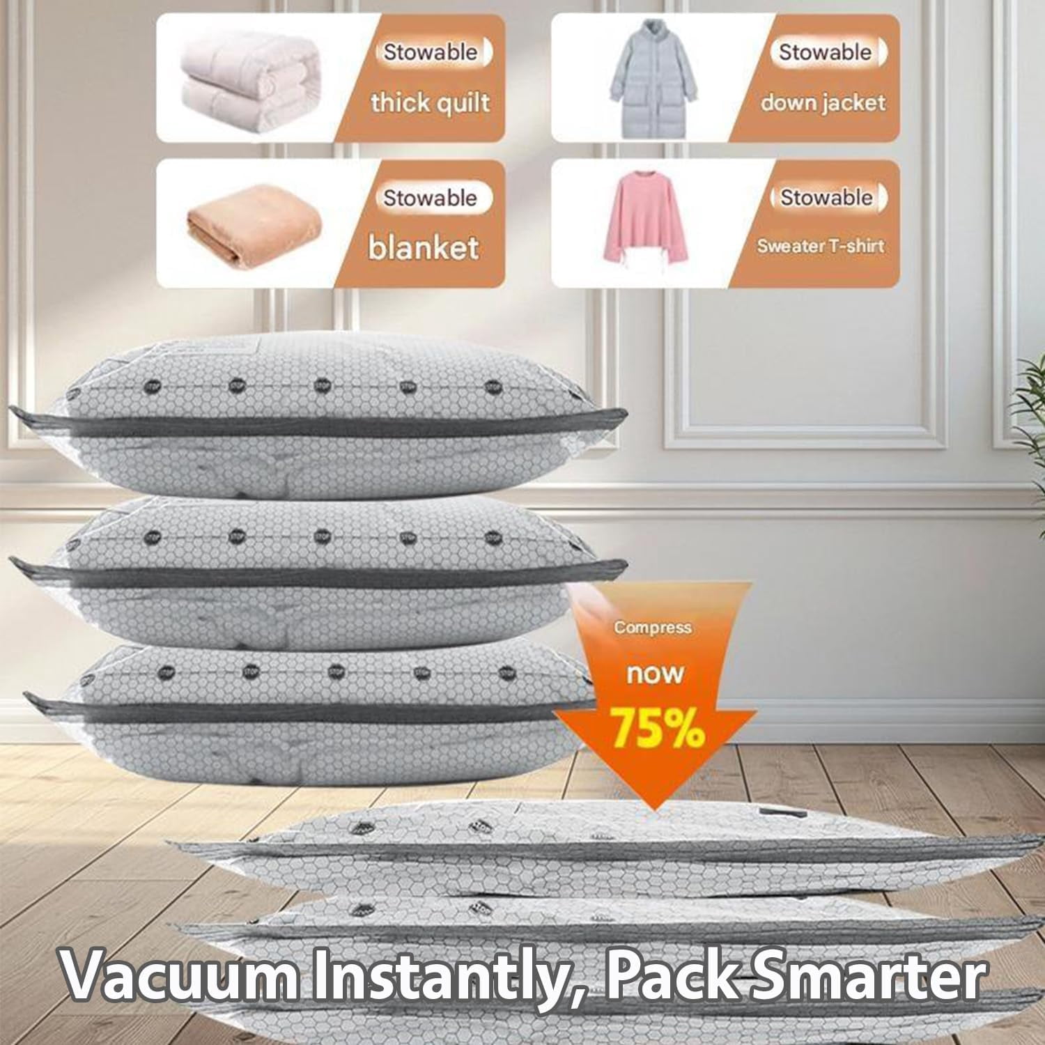 Cordless Travel Vacuum Storage Compression Bag Set, Vacuum Travel Bags with Rechargeable USB Pump, for Luggage Space Saving