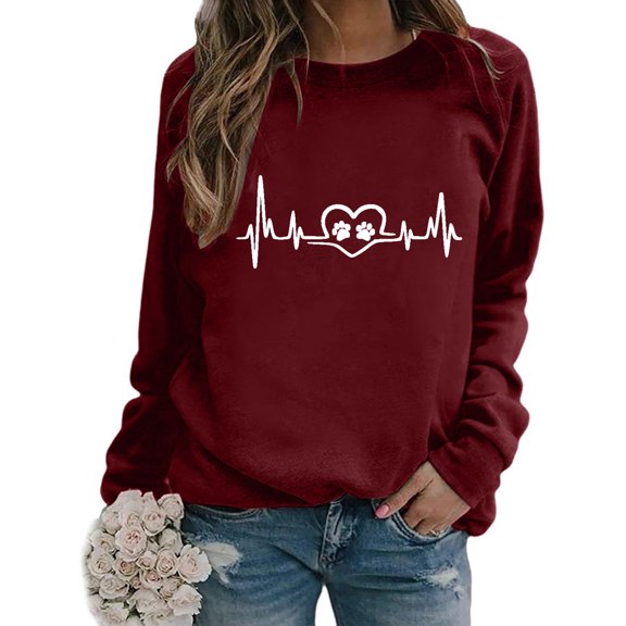 DDAPJ pyju Long Sleeve T-shirt for Women Dog Paw Heart Print Pullover Tops Teen Girls Cute Graphic Tees Loose Casual Round Neck Raglan Top Valentine's Day Fashion Gift Ideas Wine XXXL