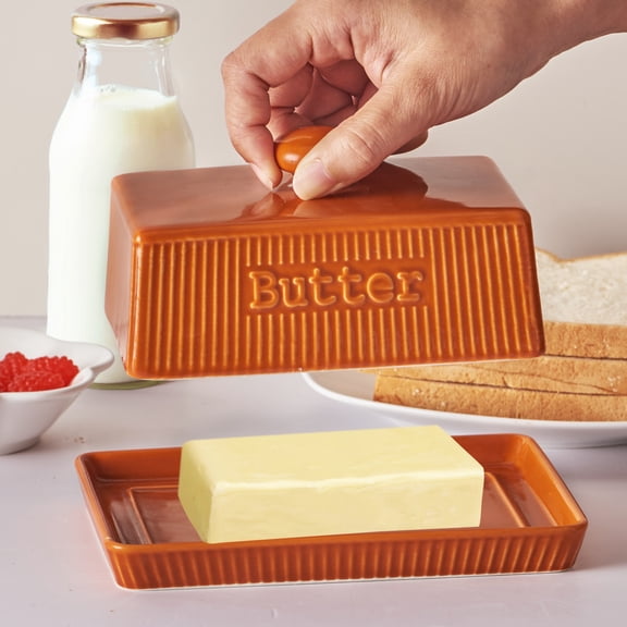 Ceramic Butter Dish with Lid, Large Butter Container for East & West Coast Butter Storage, Porcelain Butter Holder with Knob Handle, Striped Butter Keeper Butter Tray, Farmhouse Kitchen Decor, Orange