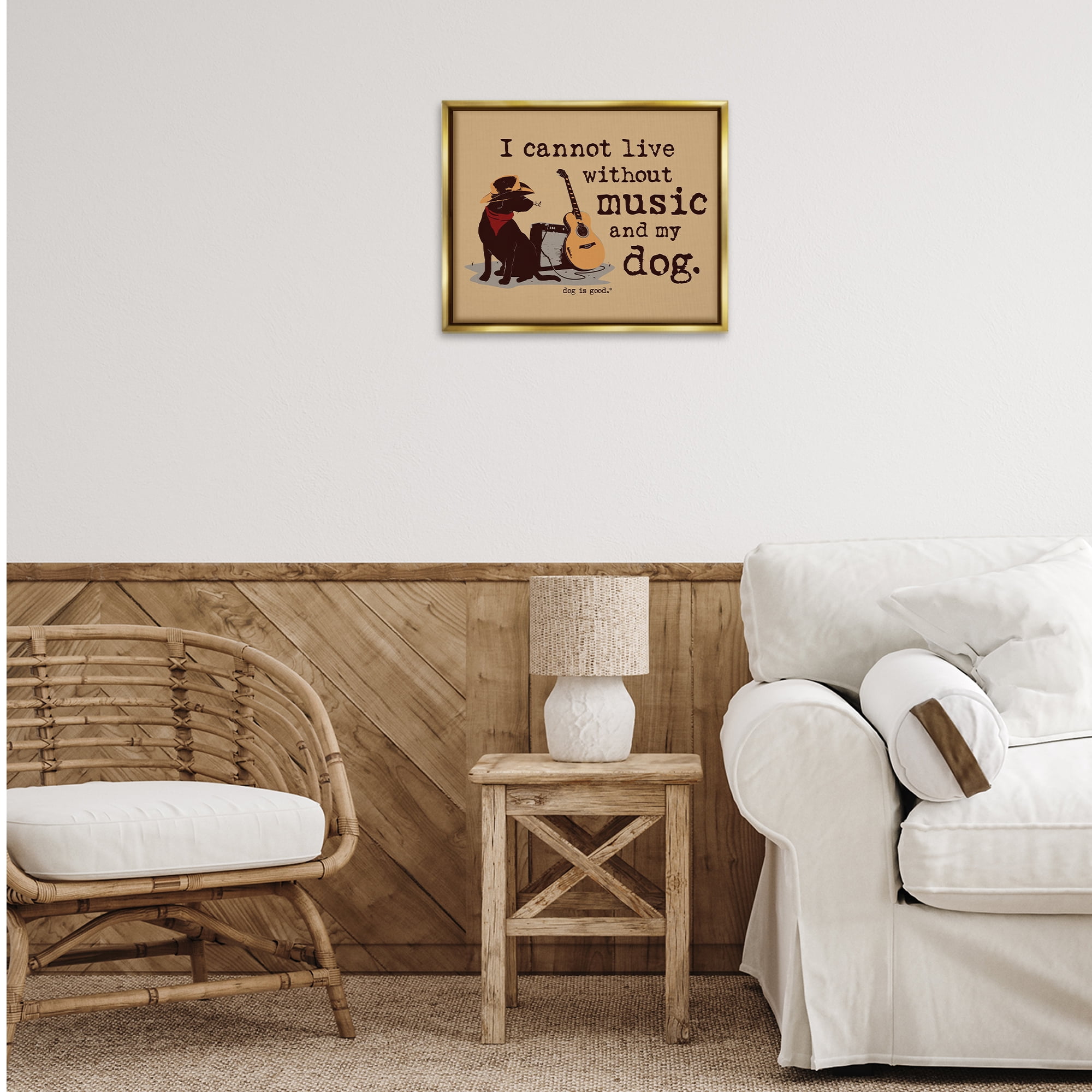 Stupell Industries Music & My Dog Animals Painting Gold Floater Framed Canvas Art Print Wall Art, 21 x 17