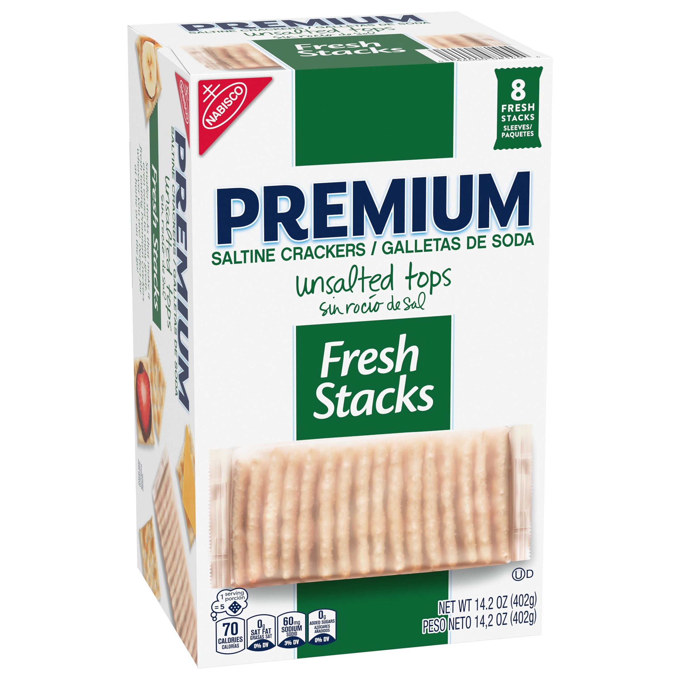 Premium Fresh Stacks Unsalted Tops Saltine Crackers, Travel Snacks, 14.2 oz (8 Multi Snack Packs)