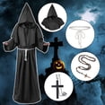 thumbnail image 4 of Alaiyaky Monk Costume Adult Men Medieval Robe Priest Cloak Outfit Halloween Black Renaissance Vicar Uncle Fester with Hood Costume Cross Fancy Dress Cosplay Carnival, 4 of 7