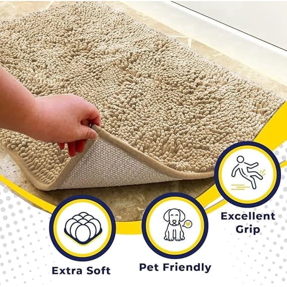 PLERISE Super Absorbent Quick Dry Chenille Doormat, Non-Slip Microfiber Entryway Rug for Pets, 18"x28", Beige