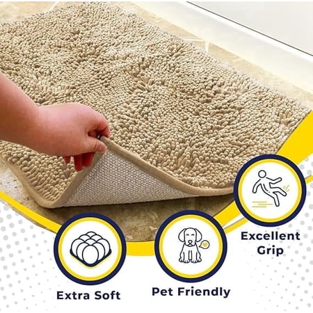 PLERISE Super Absorbent Quick Dry Chenille Doormat, Non-Slip Microfiber Entryway Rug for Pets, 18"x28", Beige