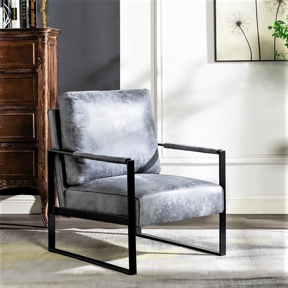 Accent Chair, Mid Century Modern Armchair with Grey Spotted Microfiber Upholstery, Durable Square Metal Frame and Padded Armrests for Living Room, Bedroom, and Home Office