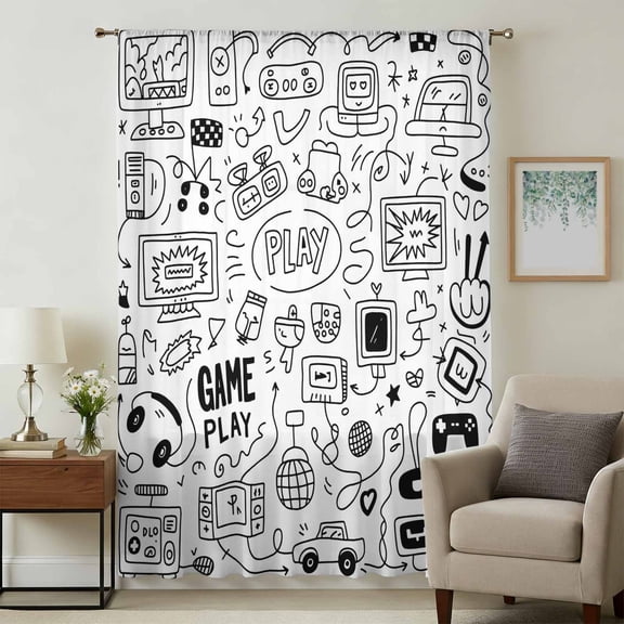 Video Game Sheer Curtains 84 Inches Long, Black White Game Controller Monochrome Light Filering Curtains, Breathable Simi Curtain Privacy Drapes for Living Room Bedroom Lightweight Window Treatment