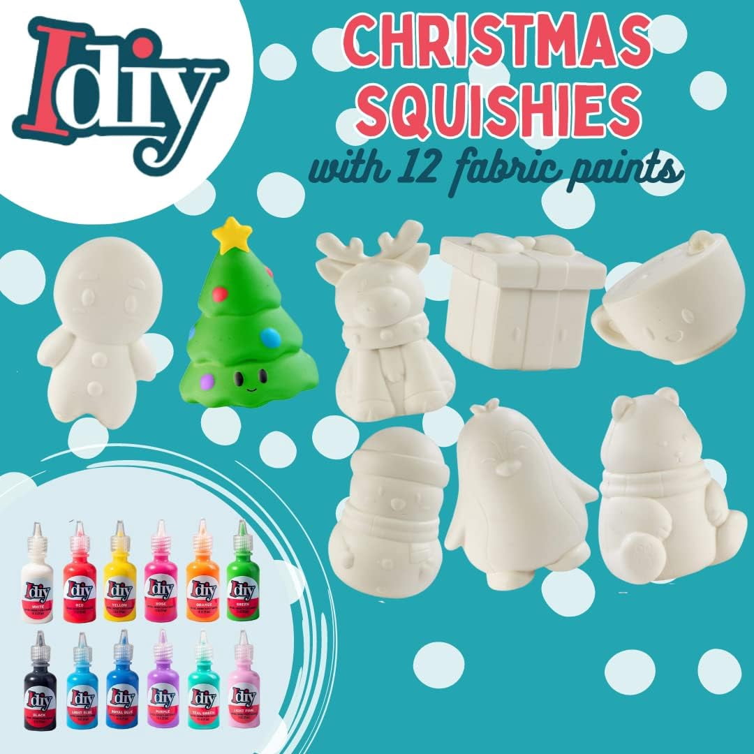 DIY Party Craft Jumbo Squishies - 8 Unique Holiday Designs w 12 Fabric Paints Feat a Reindeer, Pine Tree, Snowman- White Kawaii Scented Slow Rise Squishy Toys, Kids Activity Gift (4"-6")