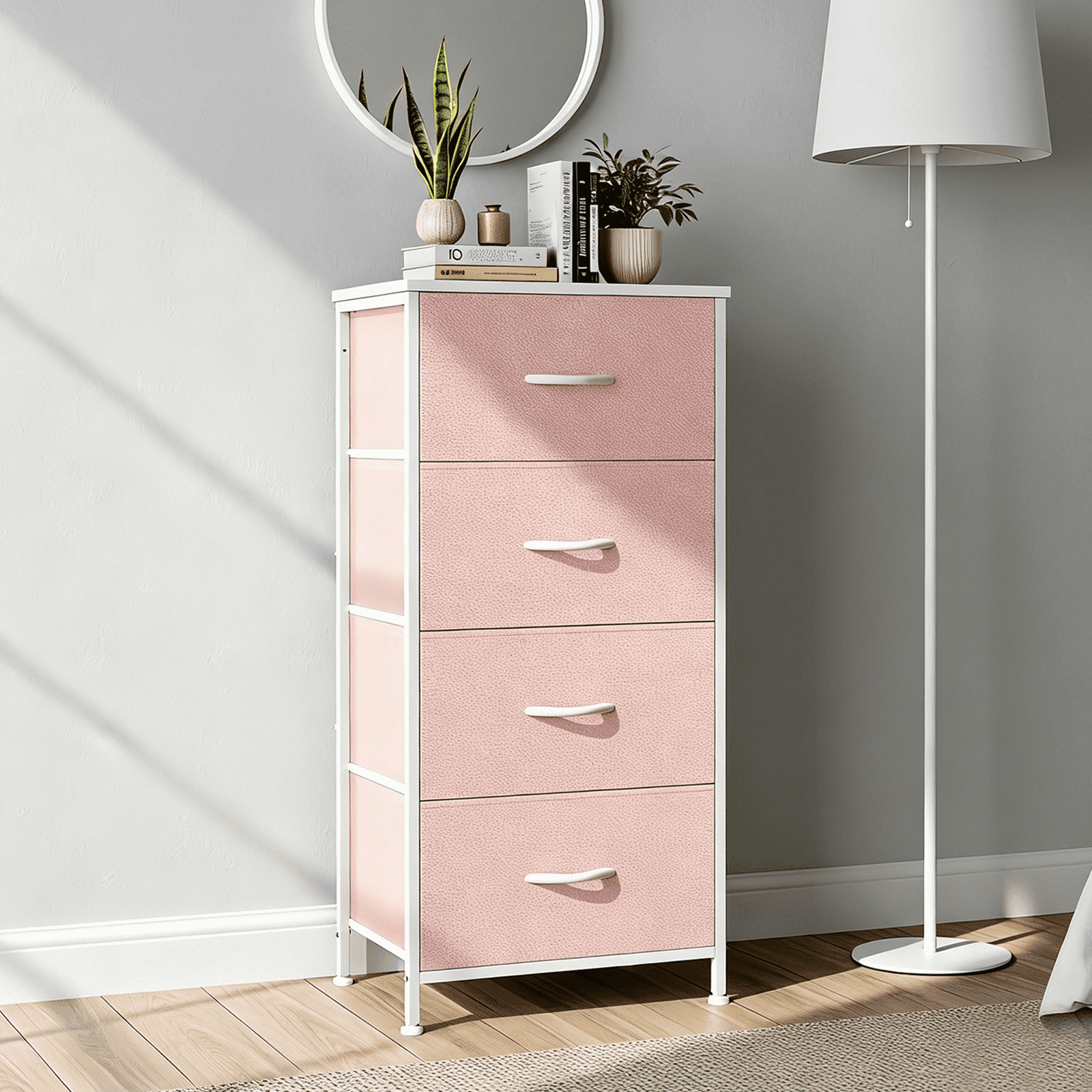 4 Drawers Dresser, Storage Dresser Organizer with Drawers, Chest of Drawers, Dresser with Metal Frame and Wood Tabletop for Bedroom, Guest Room, Closet, Entryway, Nursery, Pink