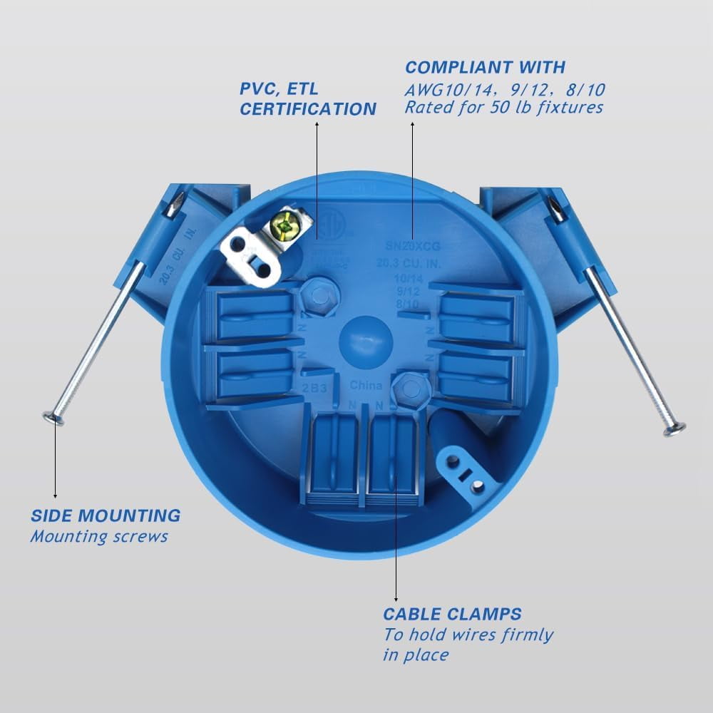 XGGYA 1-Gang Round Ceiling Electrical Box - 4" Diameter, 20 Cu. In., Blue Plastic, ETL Listed With Captive Nails & Ground Lug (Pack Of 12)