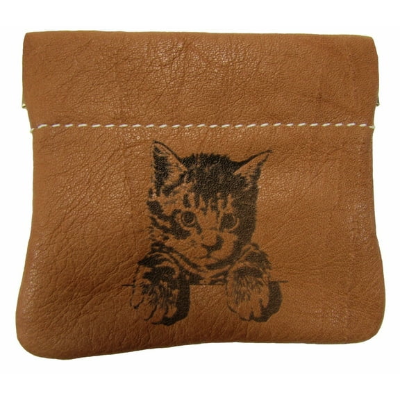 Leather Engraved Kitten Squeeze Coin Pouch Change Purse USA Made, Tan