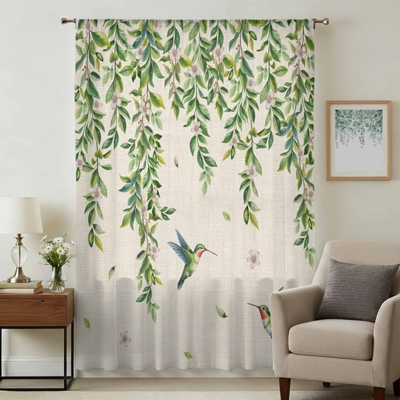 Spring Botanical Sheer Curtains 72 Inches Long, Leaves Flowers Birds Beige Light Filering Curtains, Breathable Simi Curtain Privacy Drapes for Living Room Bedroom Lightweight Window Treatment