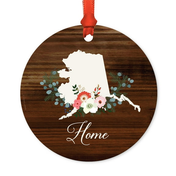 US State Round Metal Christmas Ornament, Rustic Wood with Florals Home, Alaska, Includes Ribbon and Gift Bag