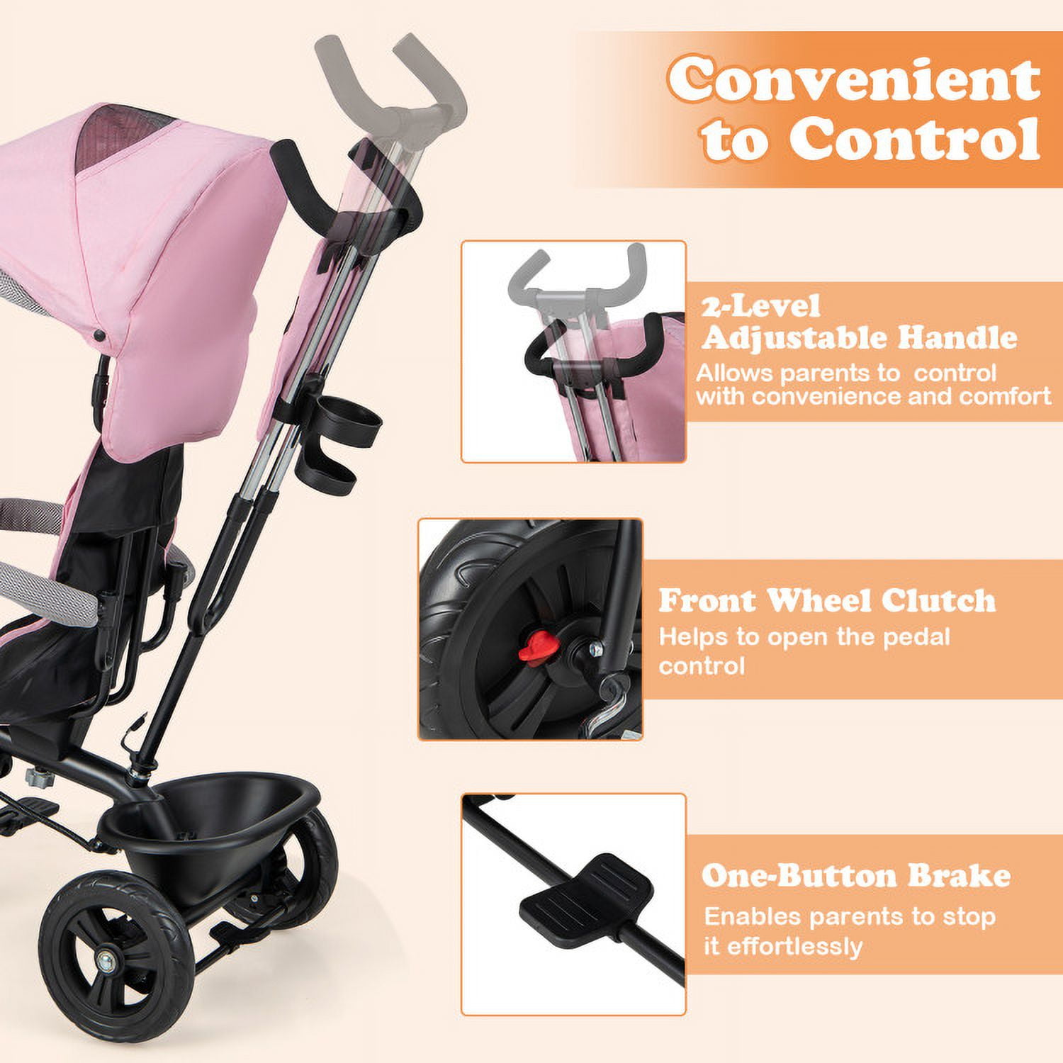 Yardi Yard 4-in-1 Baby Trike Kids Tricycle with Removable Canopy and Adjustable Push Handle-Pink, Toddler Stroller for Infant & Toddler