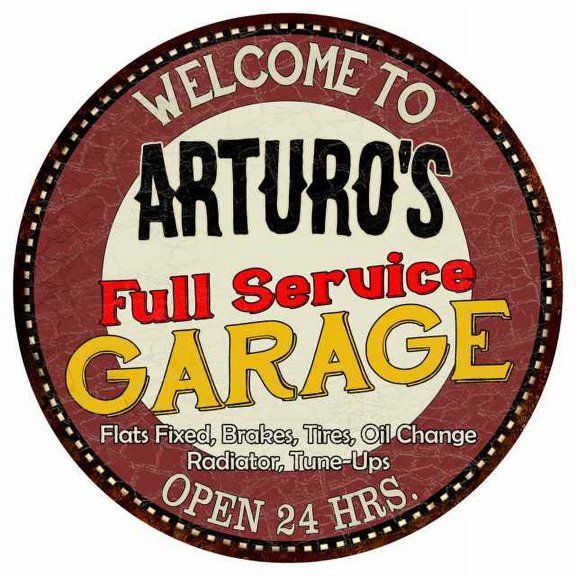 Arturo's Full Service Garage 14" Round Metal Sign Man Cave Decor 100140037249