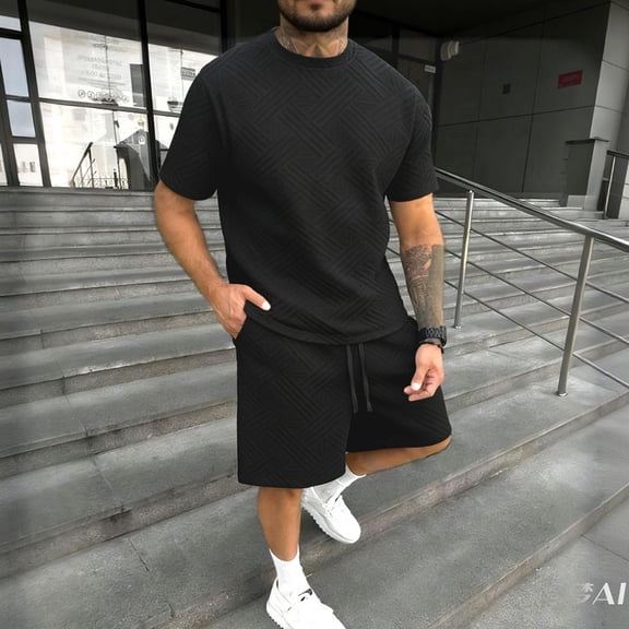 Domuza Mens Short Sets Outfits 2 Piece Summer Outfits T-Shirt Shorts Set Drawstring Short Sleeve Tracksuit Black XL