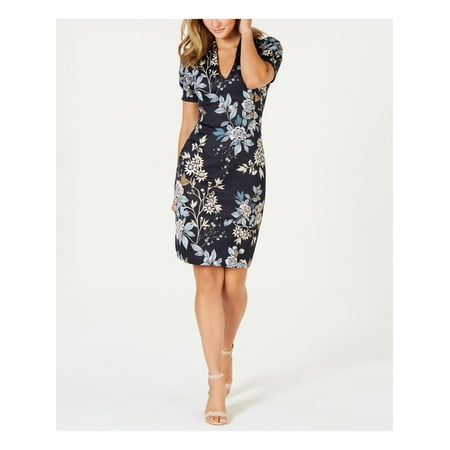 VINCE CAMUTO Womens Navy Floral Short Sleeve V Neck Above The Knee Body Con Wear To Work Dress Size: 6P
