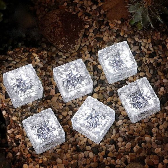 6 Pack Solar Cobblestone Glass Lights - Cool White Light - On/Off Light Sensor - Waterproof Solar Ground Light - Outdoor Garden Pathway Spotlight - 7 x 7 x 5 cm