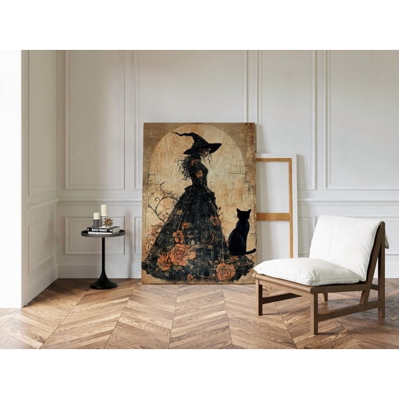 Velto Vintage Witch Wall Art with Black Cat, Gothic Dark Academia Witchy Artwork, SIZE 8x10 INCLUDE Pine Wood Frame 1.25-Inch