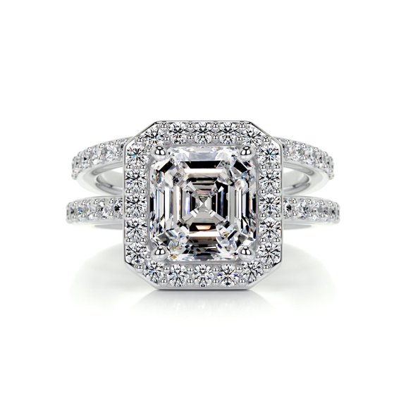 Cloud Jewel 2.4 Ct Asscher Cut Moissanite Engagement Ring for Her - Bridal Set with Moissanite - 14K White Gold Plated - Ideal Women's Ring for Engagements, Anniversary and Gifting