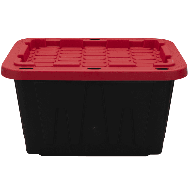 Hyper Tough 12 Gallon Snap Lid Stackable Plastic Storage Bin Container,  Black with Red Lid 