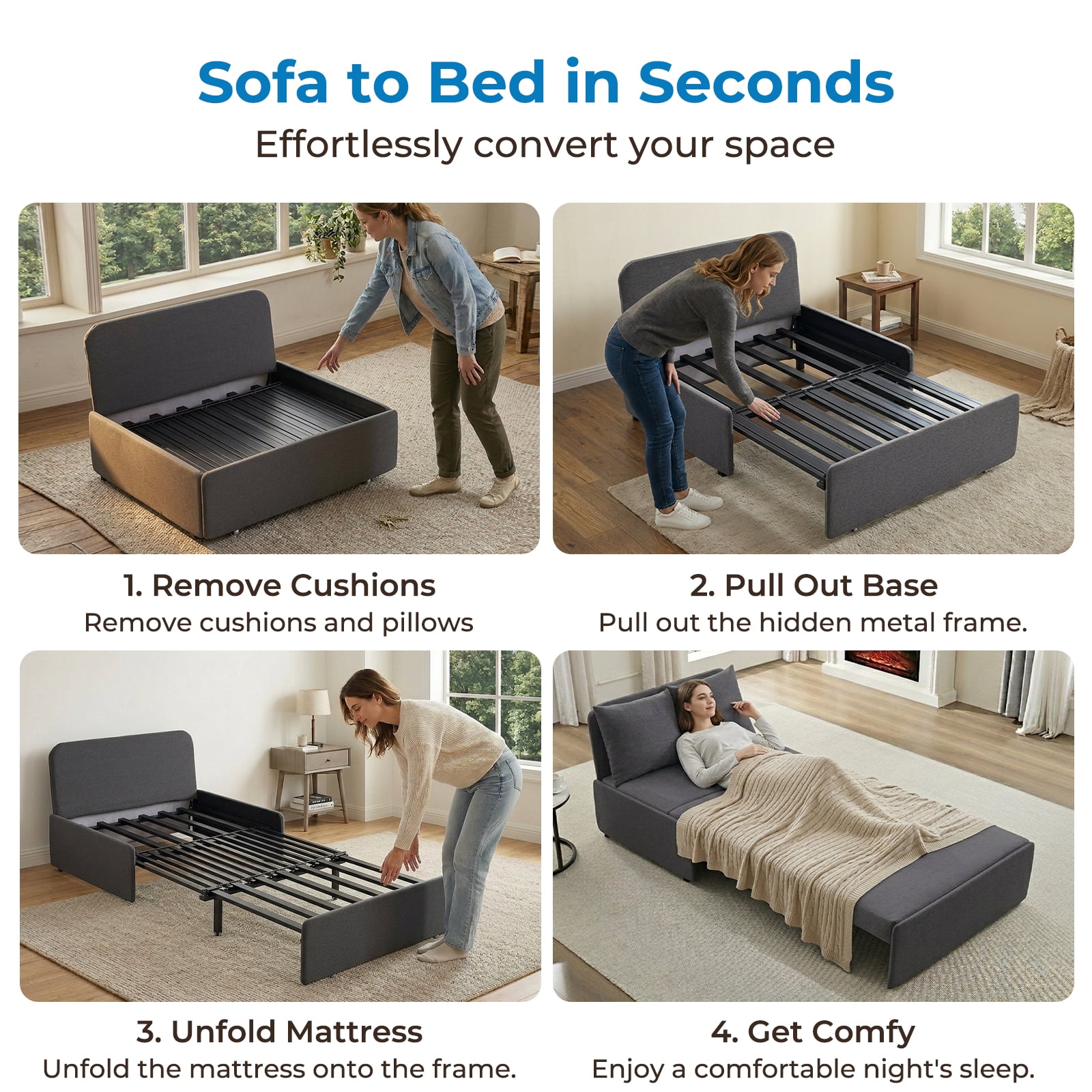 Mjkone Convertible Sofa Bed Twin Size,Linen Pull Out Sofa Bed with Cushions&Throw Pillows,Revesible Sleeper Couch for Apartment/Small Spaces,Dark Gray