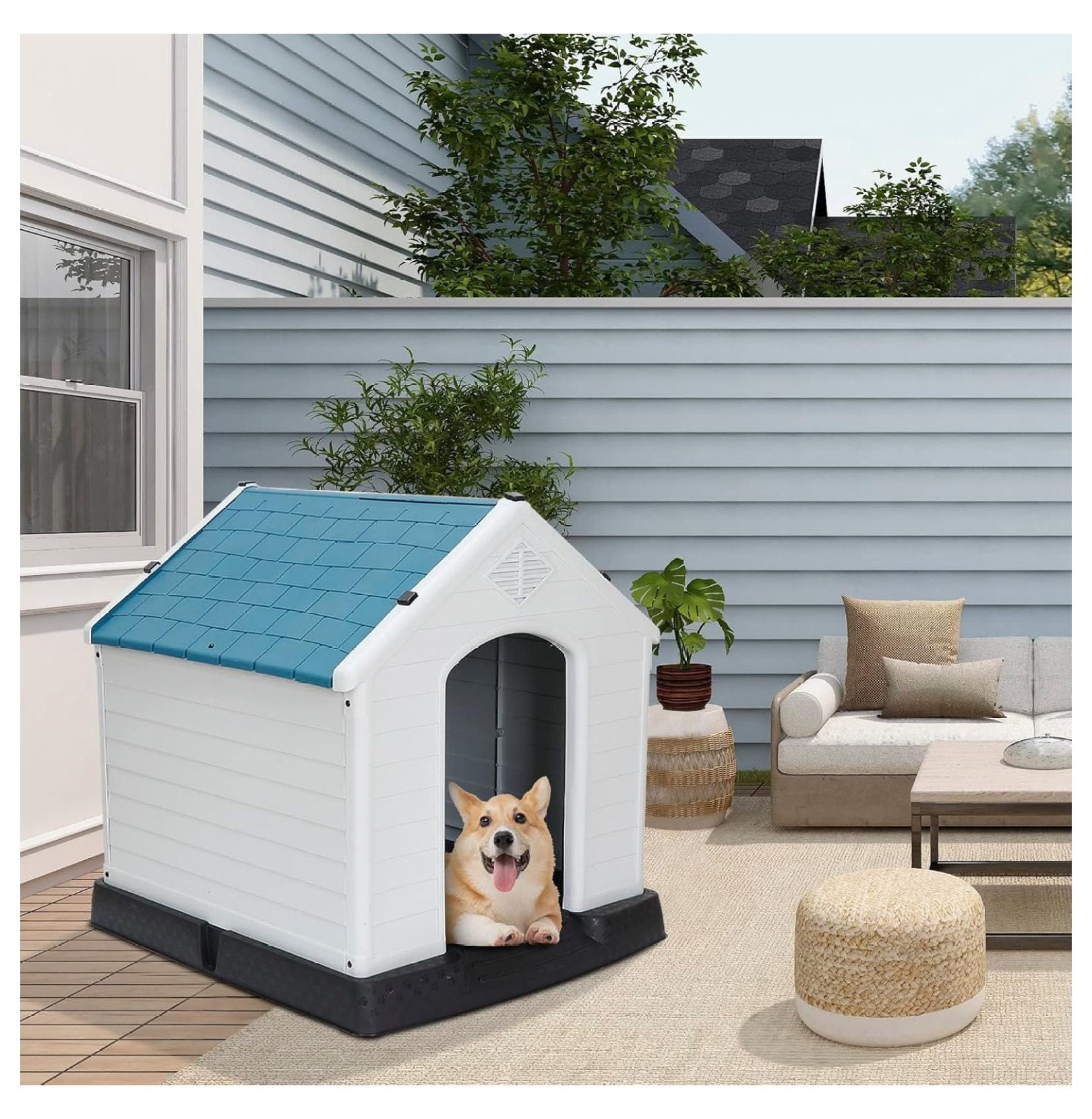 32" H Large Plastic Dog House Indoor Outdoor,Weather & Water Resistant Ventilate Pet Kennel for Small Medium Large Sized Dogs Cats,Puppy Shelter with & Elevated Floor(Blue)
