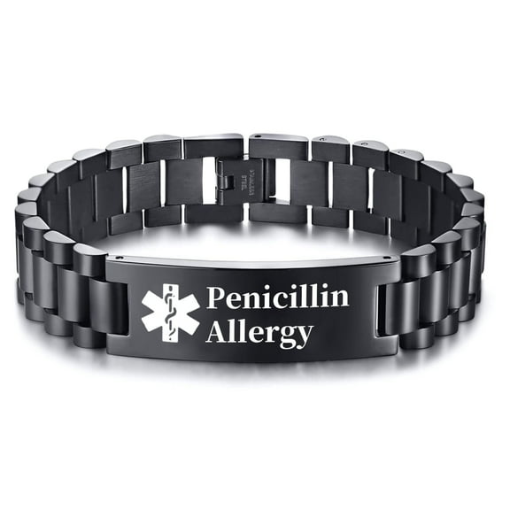 Metaljc Stainless Steel Medical Alert ID Bracelet for Men Women, Carving Penicillin Allergy