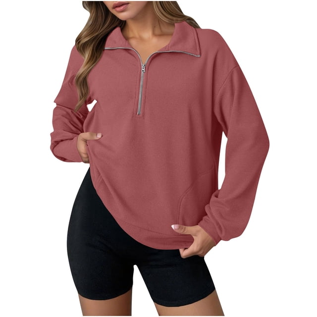 Erwazi Womens Half Zip Pullover Top Waffle Long Sleeve Lapel Functional Pocket Work To Weekend Versatile Blouses