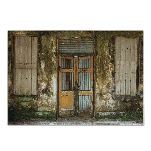 Rustic Cutting Board, Damaged Shabby House Boarded up and Rusty Doors Moldy Windows Photography, Decorative Tempered Glass Cutting and Serving Board, Small Size, Multicolor, by Ambesonne