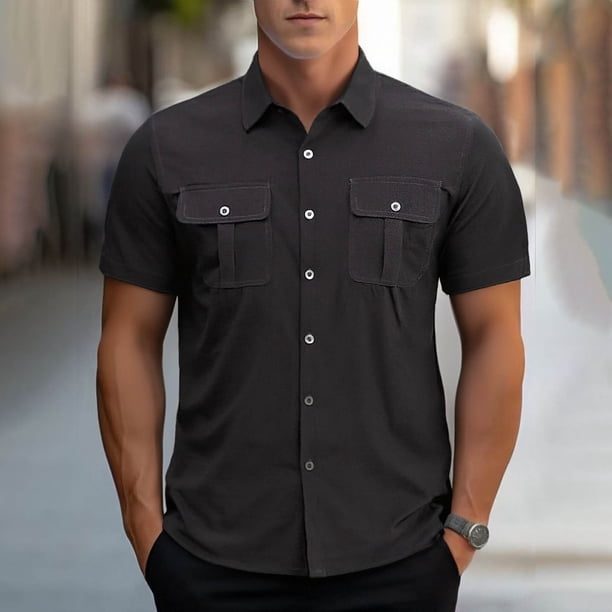 Ceisia Men's Relaxed Fit Corduroy Short Sleeve Turndown Collar Shirt with Dual Chest Pockets Dark Gray M Gifts