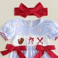 thumbnail image 4 of CAICJ98 Baby Girl Baseball Outfit Baseball Embroidery Puff Short Sleeve Smocked Bubble Romper Stripe Bodysuit with Headband (Blue,0-3 Months), 4 of 4