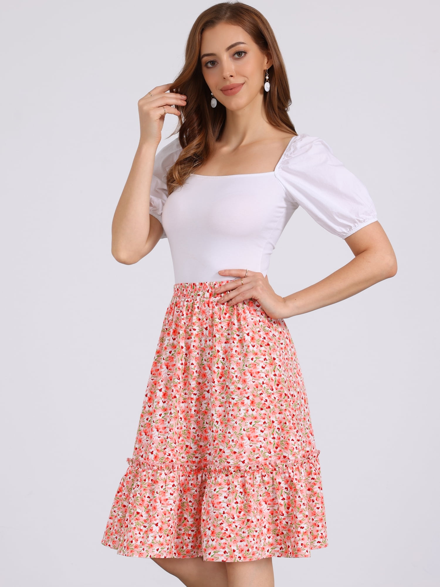 DARING DIVA Women's Knee Length Floral Elastic Waist Tiered Ruffle Skirt L Light Pink