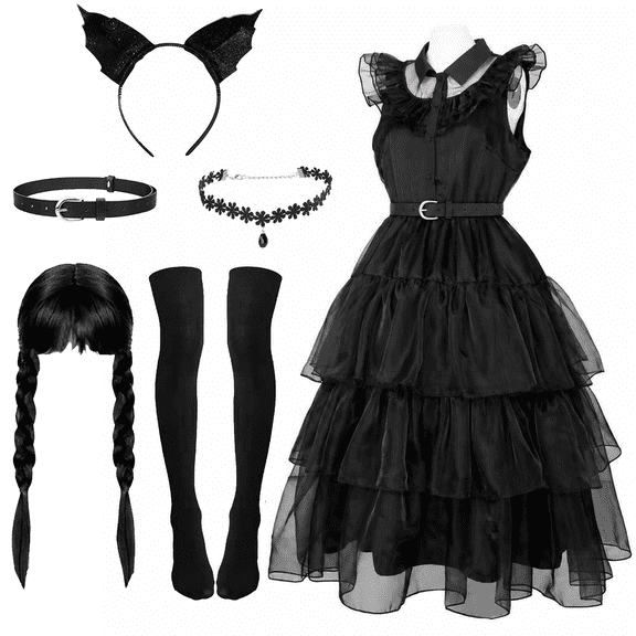 Alaiyaky Halloween Costumes for Women, Evening Dress for Adult Black Dress Prom Dresses Outfits with Wig Headband, Black Bodycon Dress Ball Gowns for Women Party